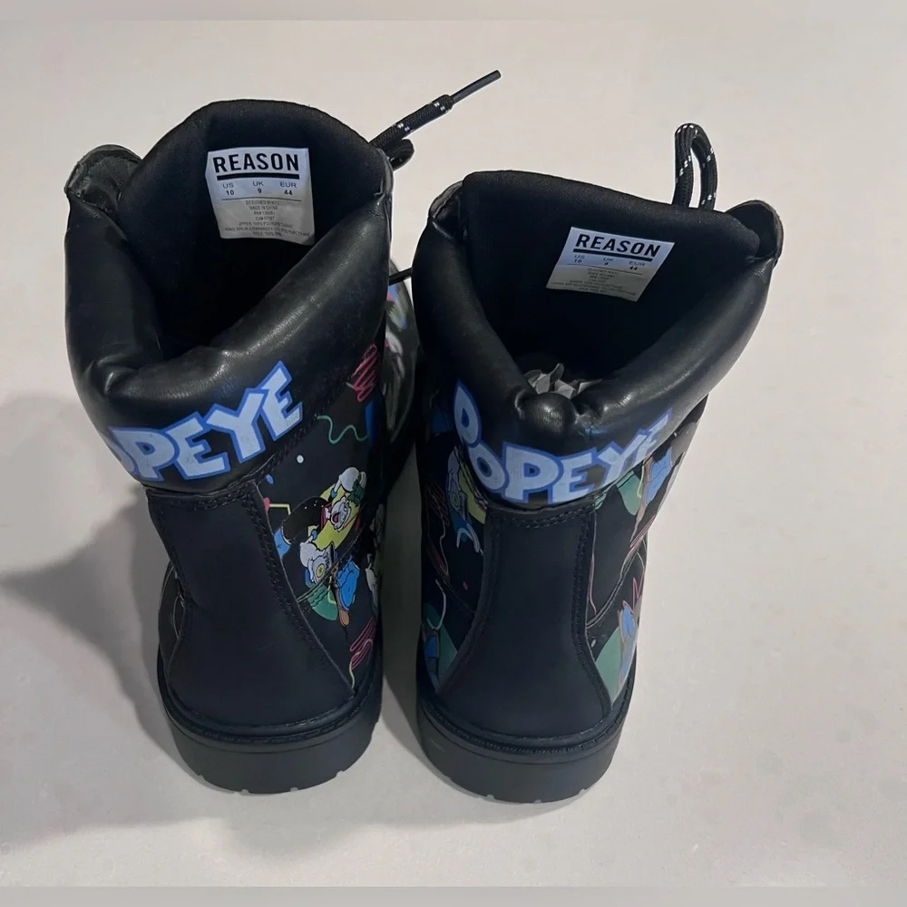 Popeye X Reason Collab Faux Suede Graffiti Print Boots‎ Black Mens 10 New